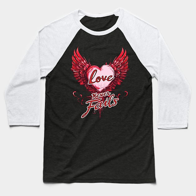 Red Love Never Fails T-Shirt - Vintage Winged Heart Painting Baseball T-Shirt by YUED